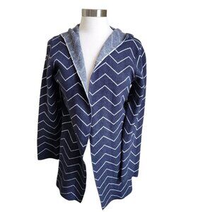 Sioni Hooded Open Front Cardigan size M /L chevron Navy‎ Blue Stretch Cotton
